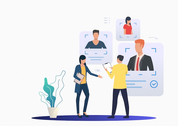 Recruiting professionals studying candidate profiles Free Vector